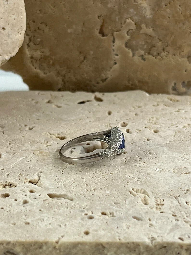 Art Deco Inspired Sapphire Diamond Platinum Ring Natural Oval French Cut 1.34CTW