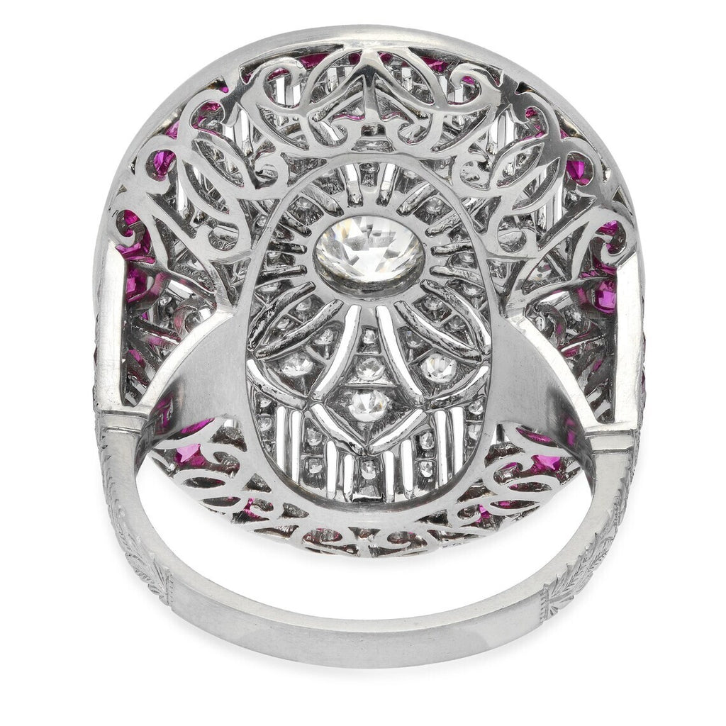 Diamond Ruby Platinum Ring Art Deco Natural Old European Cut Antique Inspired