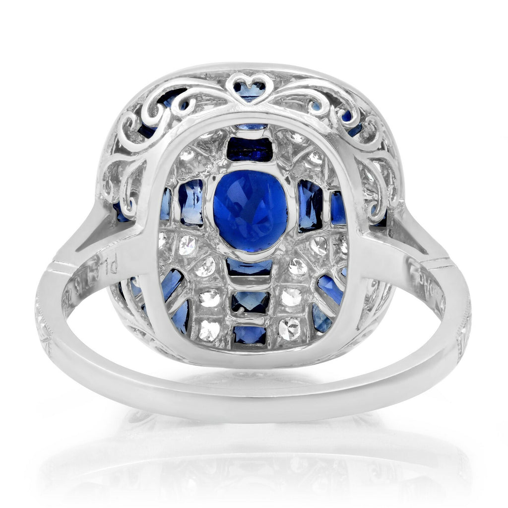 Blue Sapphire Diamond Platinum Ring Art Deco 2.33 TCW Natural Oval Cut Handmade