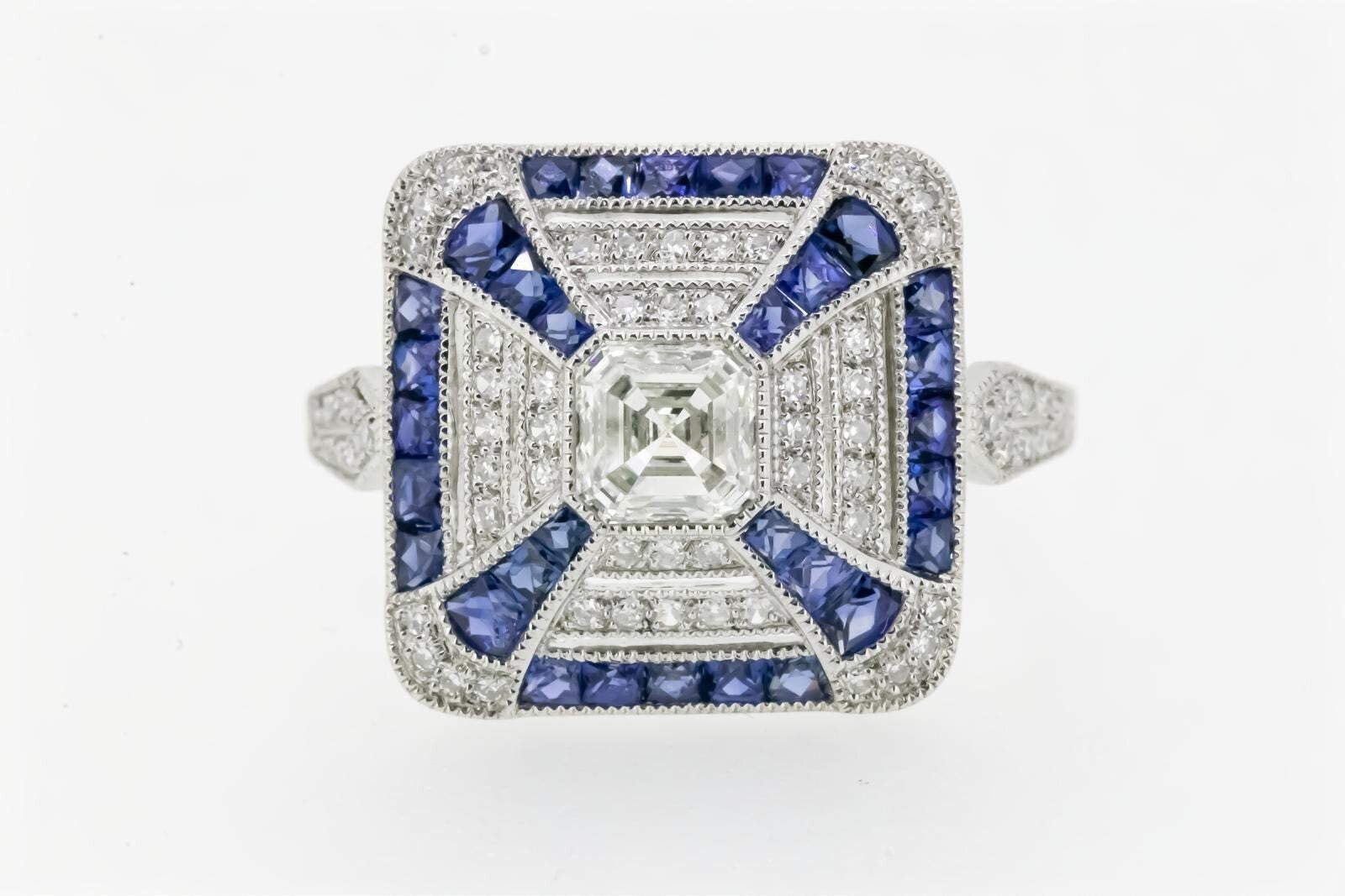 Art Deco Inspired Asscher Cut Diamond Sapphire Platinum Ring Natural 1.45 CTW