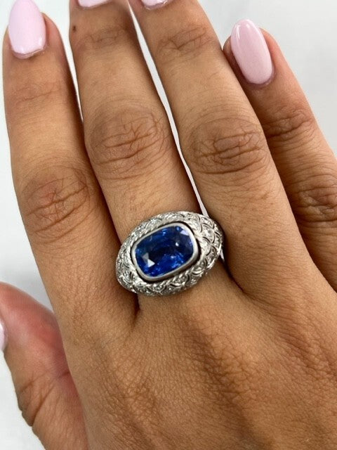 Art Deco Cushion Sapphire Diamond Platinum Ring Natural 5.30 CTW GIA Certified