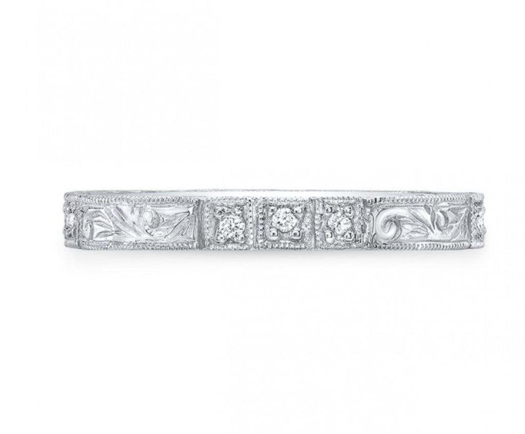 14K White Gold Diamond Wedding Band Ring Paisley Hand Engraved Natural 0.10 CT