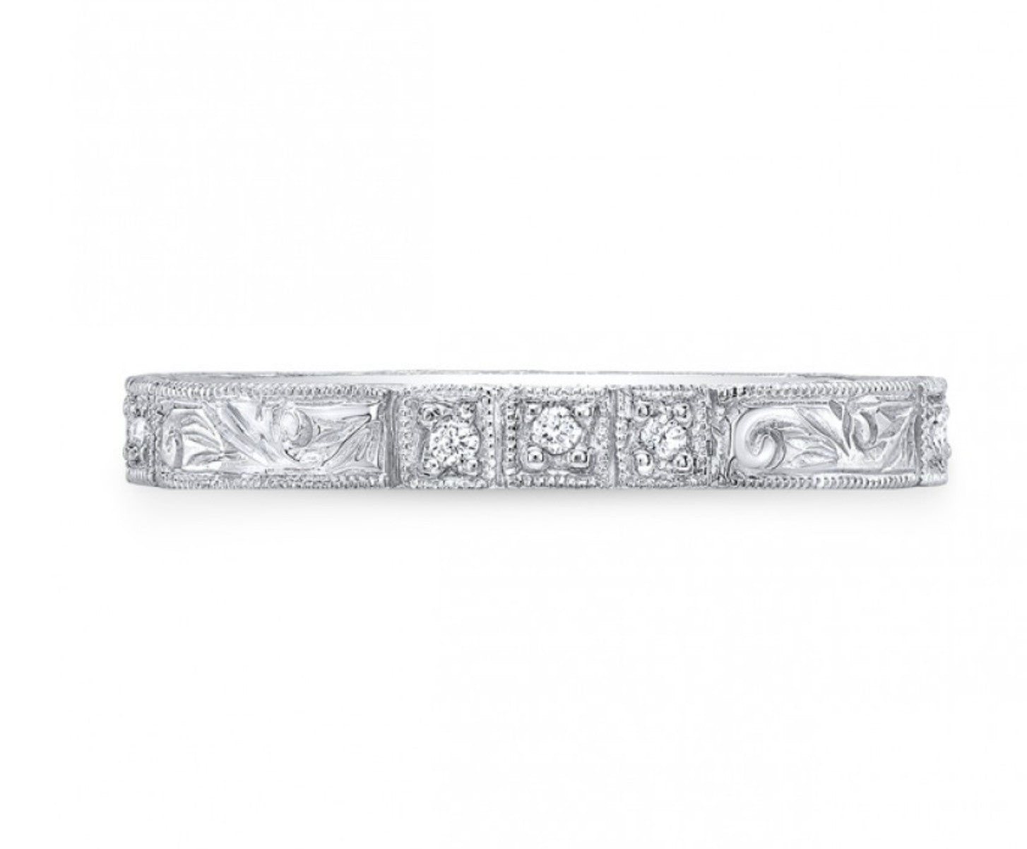 14K White Gold Diamond Wedding Band Ring Paisley Hand Engraved Natural 0.10 CT