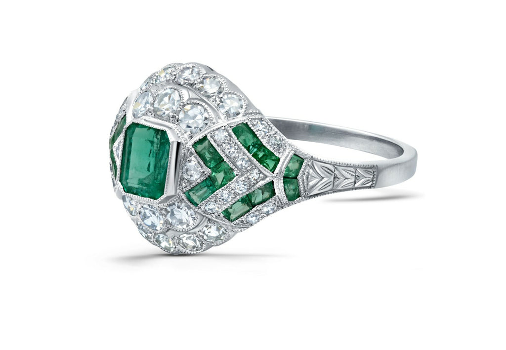 Emerald Diamond Platinum Ring Handmade Art Deco Antique Finish Natural Certified