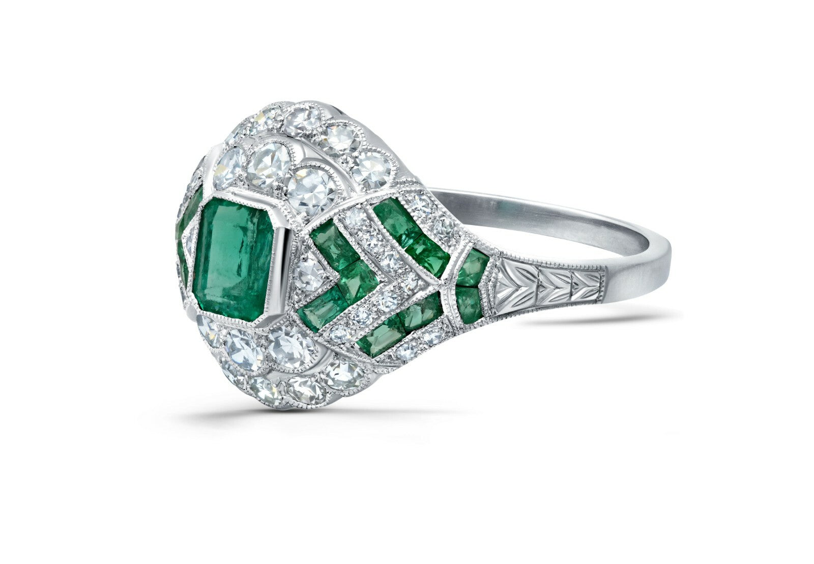 Emerald Diamond Platinum Ring Handmade Art Deco Antique Finish Natural Certified