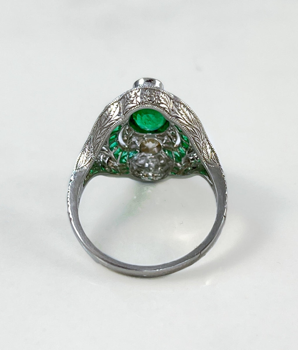Art Deco Emerald Platinum Diamond Ring Cocktail Right Hand Old Mine European