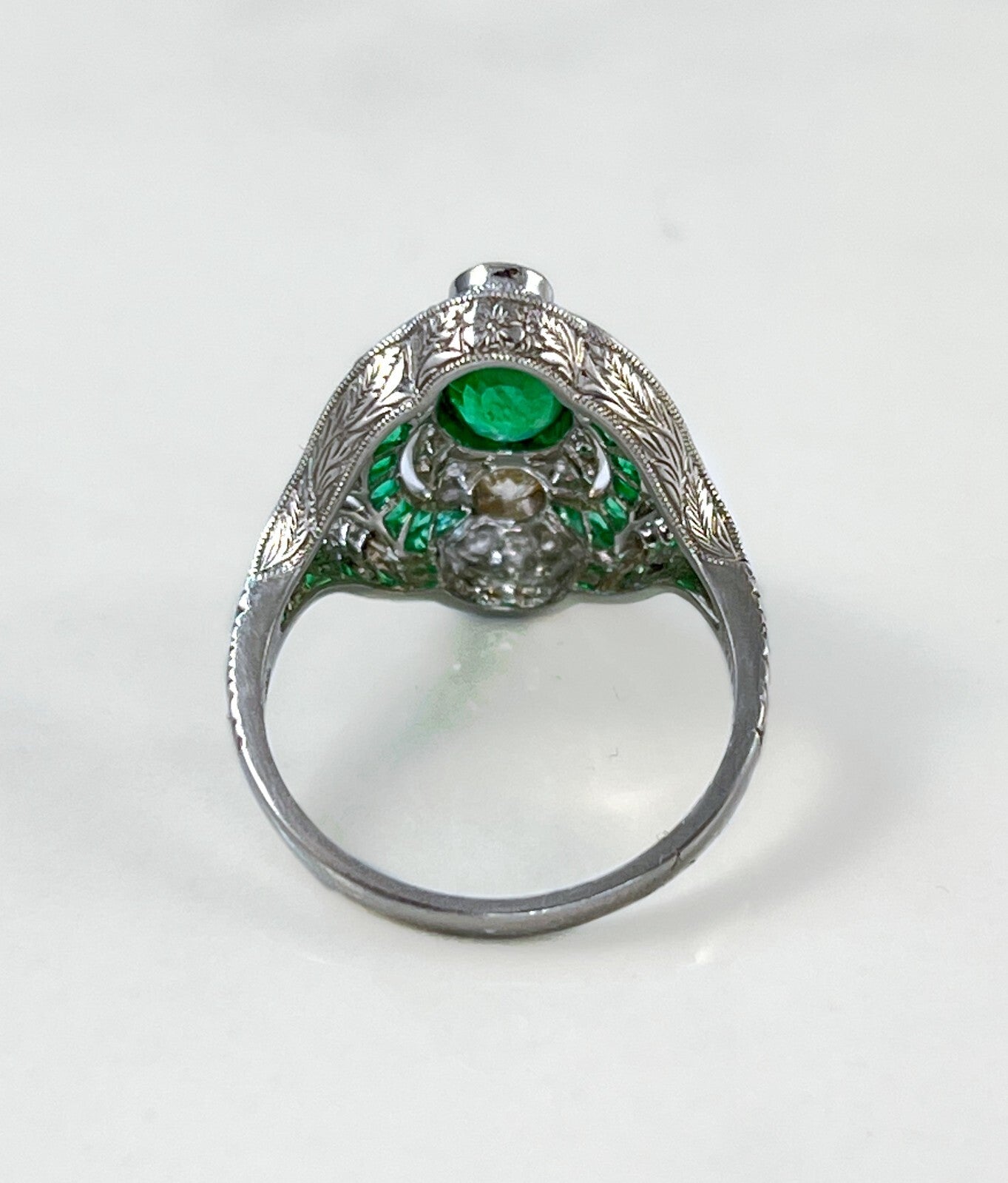 Art Deco Emerald Platinum Diamond Ring Cocktail Right Hand Old Mine European