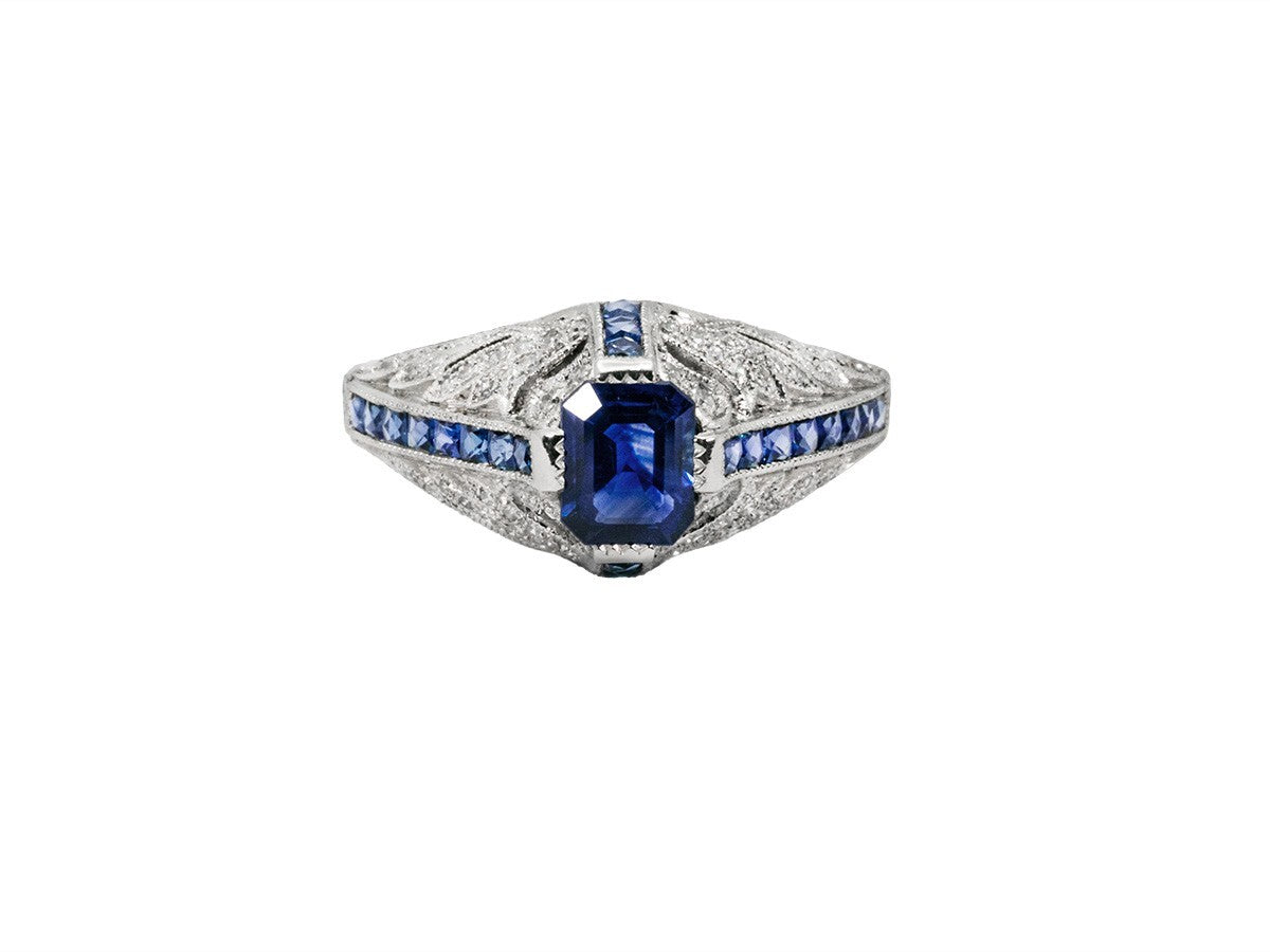 Blue Sapphire Diamond Platinum Engagement Ring Art Deco Natural