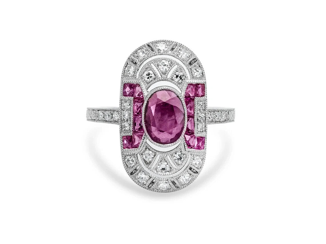 Art Deco Oval Ruby Diamond Platinum Ring Natural 1.66 CTW Cocktail Anniversary
