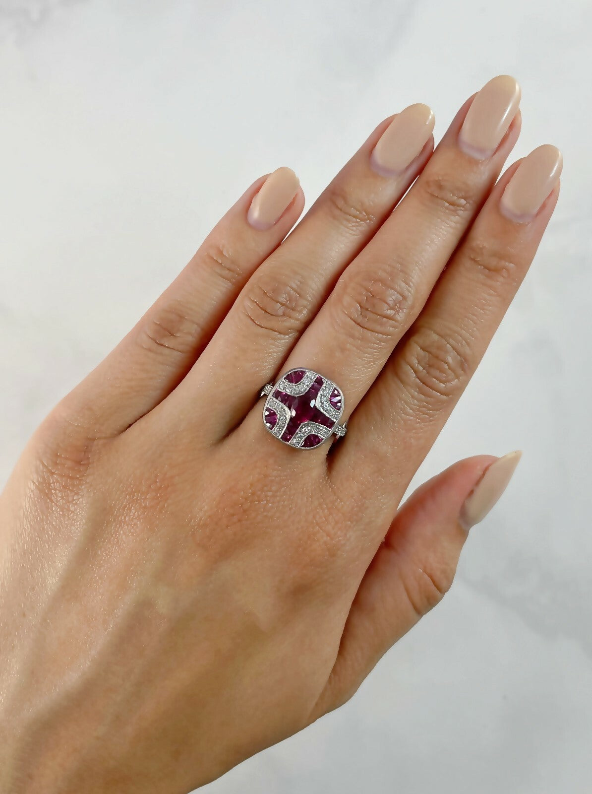 Ruby Diamond Art Deco Platinum Ring Handmade Certified Natural Antique Finish