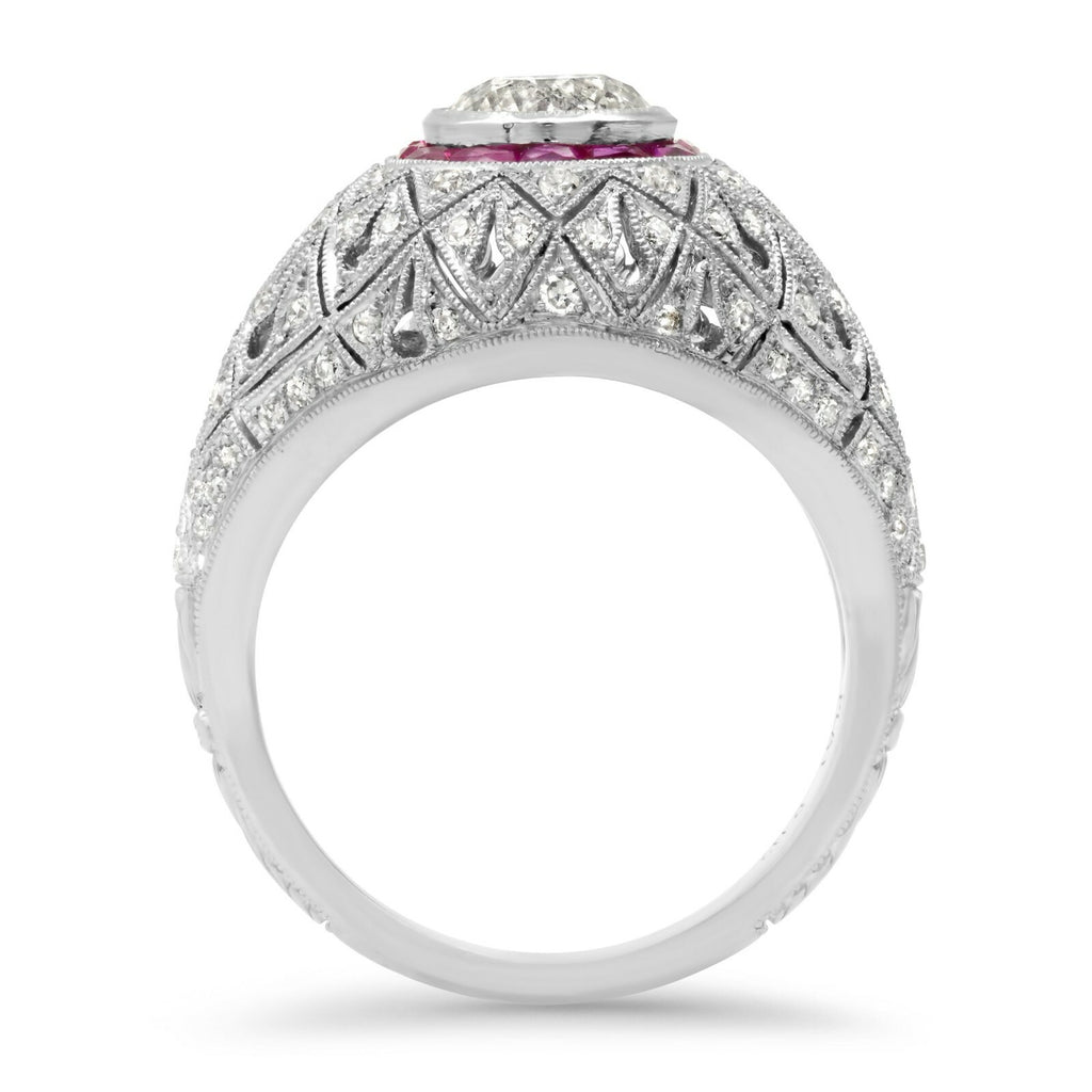 Platinum Diamond Ruby Ring Art Deco Inspired Natural 1.74 TCW