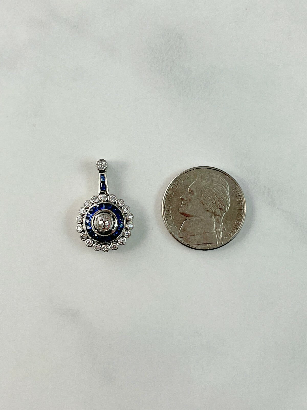 Blue Sapphire Diamond Platinum Pendant Necklace Art Deco Natural 1.27TCW