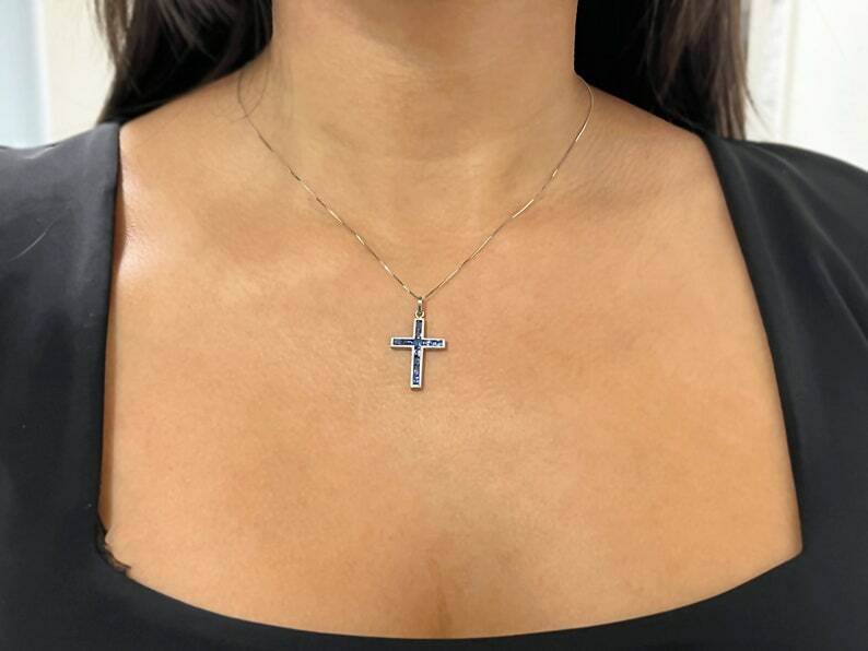 Blue Sapphire Platinum Cross Pendant Necklace Art Deco Handmade Natural 1.00 CT