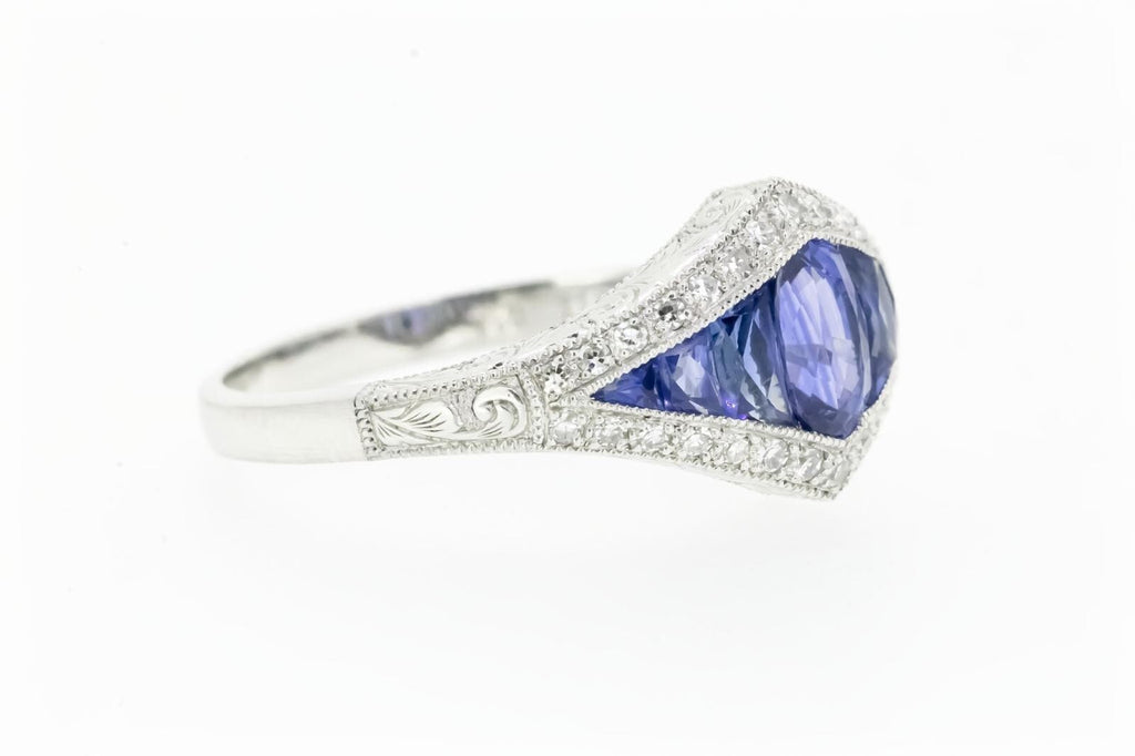 Art Deco Inspired Sapphire Diamond Platinum Ring Natural Oval French Cut 1.34CTW