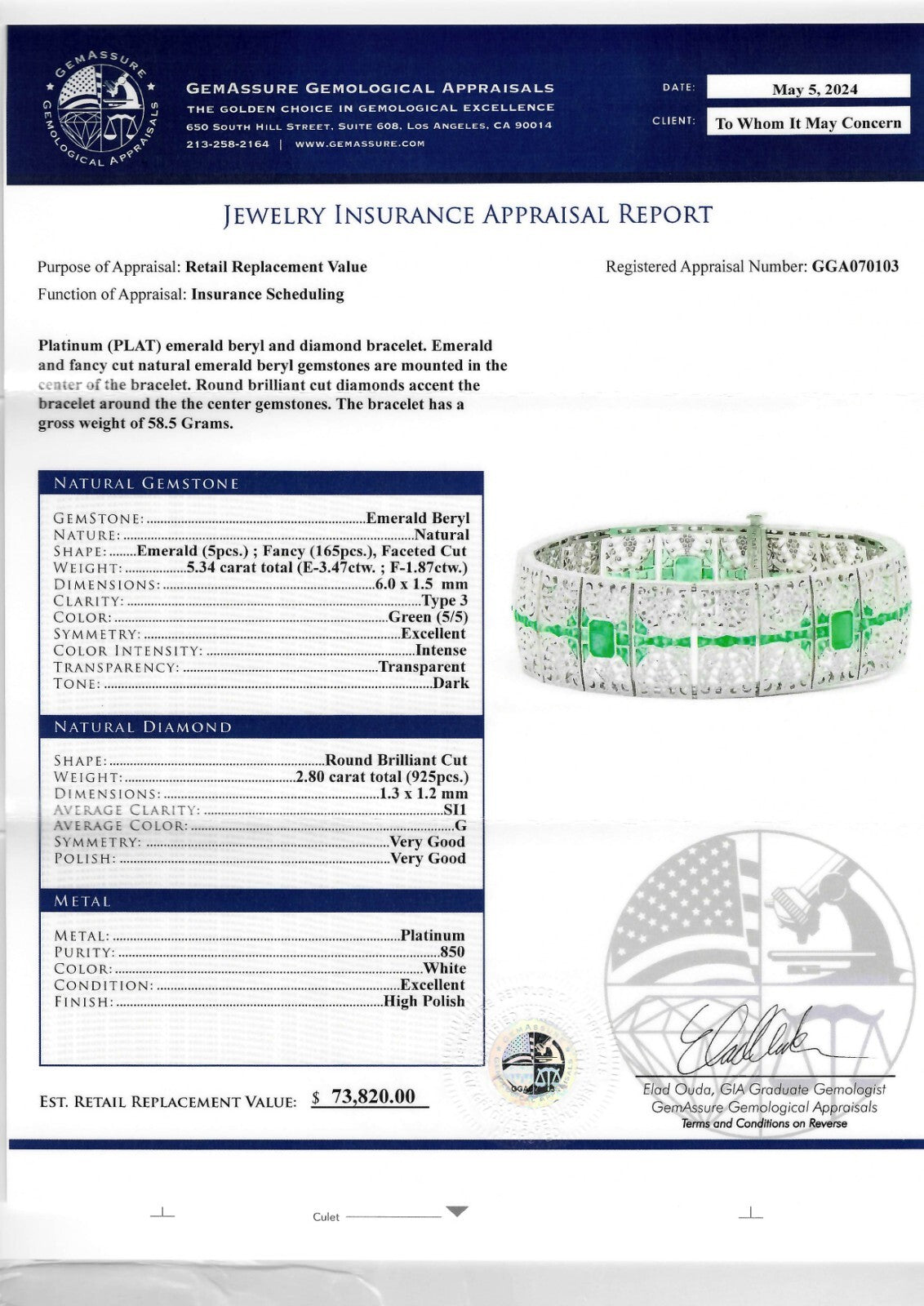 Art Deco Diamond Emerald Platinum Bracelet Handmade Natural 8.14 CTW Certified