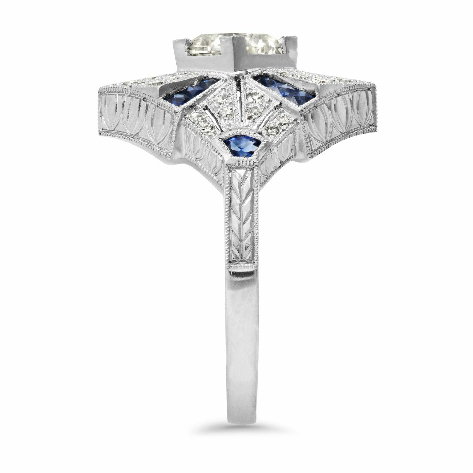 Princess Cut Diamond Sapphire Platinum Ring Engagement Art Deco Handmade Natural