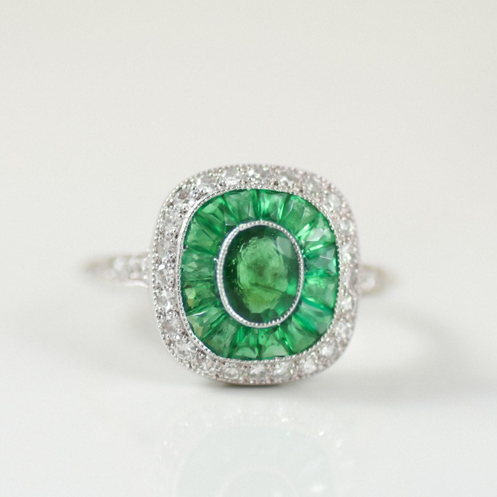 Emerald Diamond Platinum Ring Art Deco Oval Baguette Cocktail Antique Natural