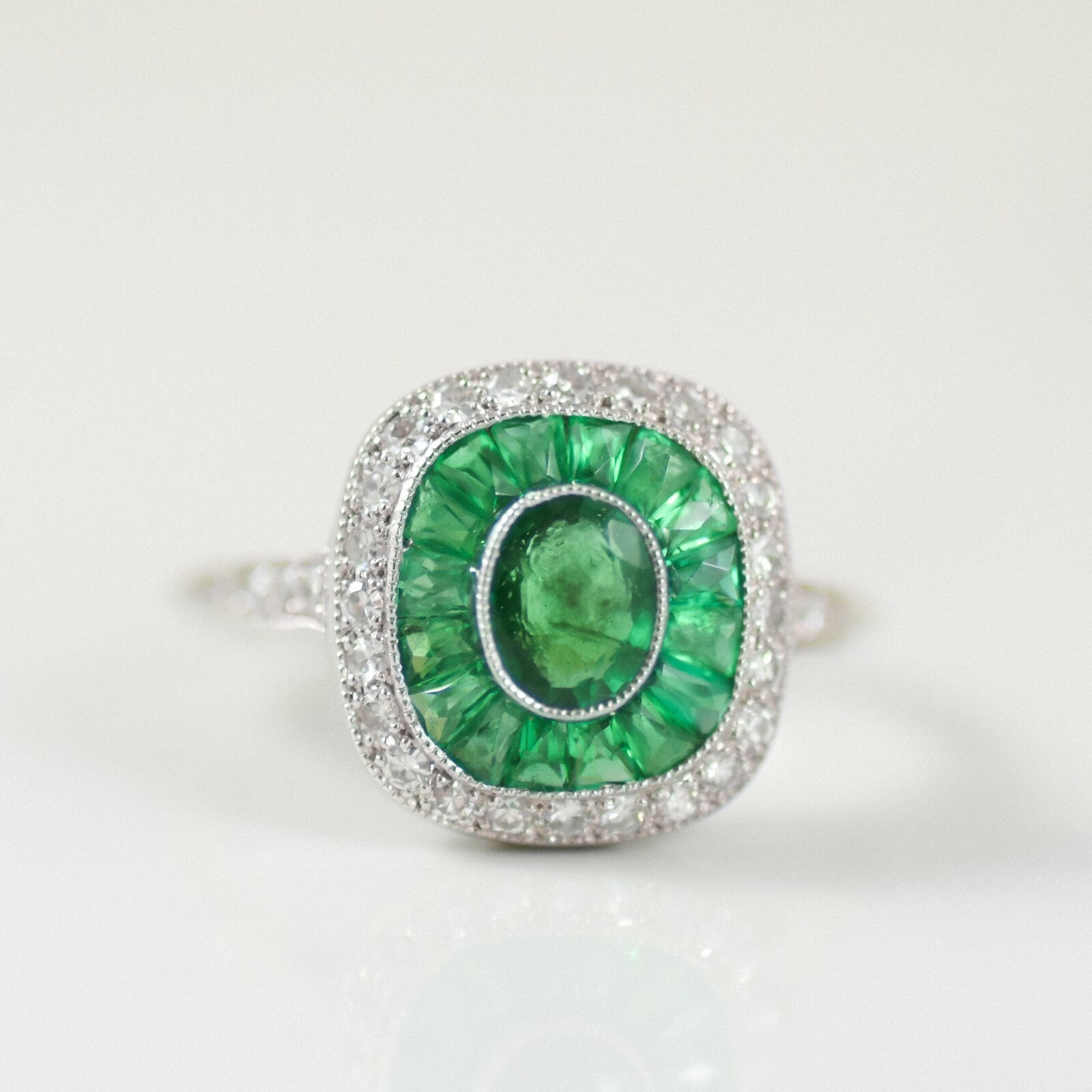 Emerald Diamond Platinum Ring Art Deco Oval Baguette Cocktail Antique Natural
