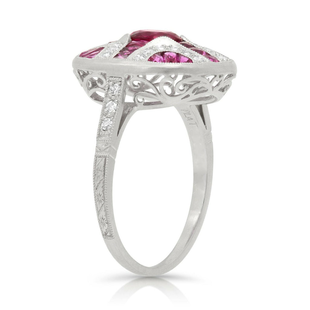 Ruby Diamond Art Deco Platinum Ring Handmade Certified Natural Antique Finish