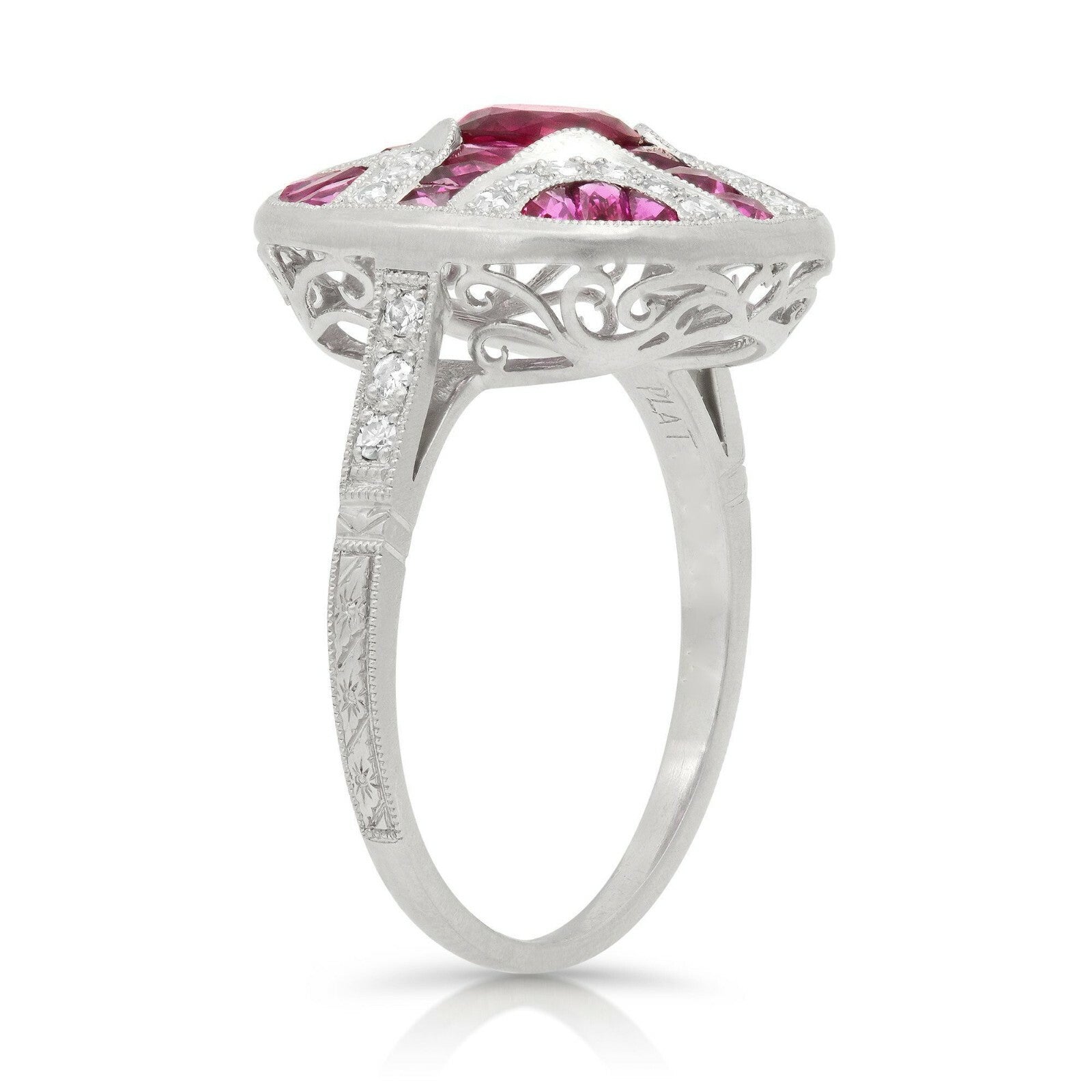 Ruby Diamond Art Deco Platinum Ring Handmade Certified Natural Antique Finish