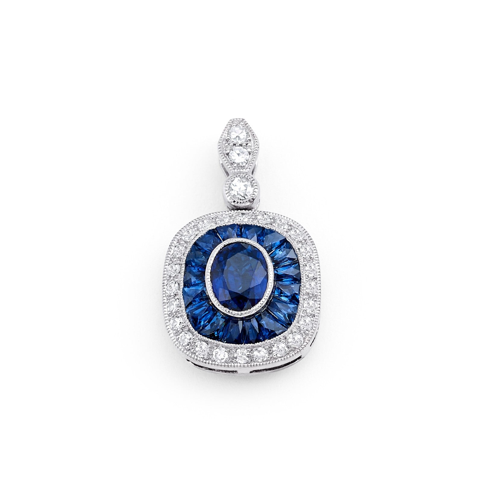Blue Sapphire Diamond Platinum Pendant Necklace Art Deco Natural French Cut