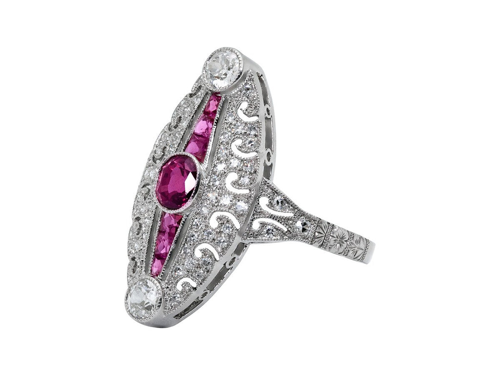 Art Deco Oval Ruby Diamond Platinum Ring Antique Inspired Natural 1.34 CTW