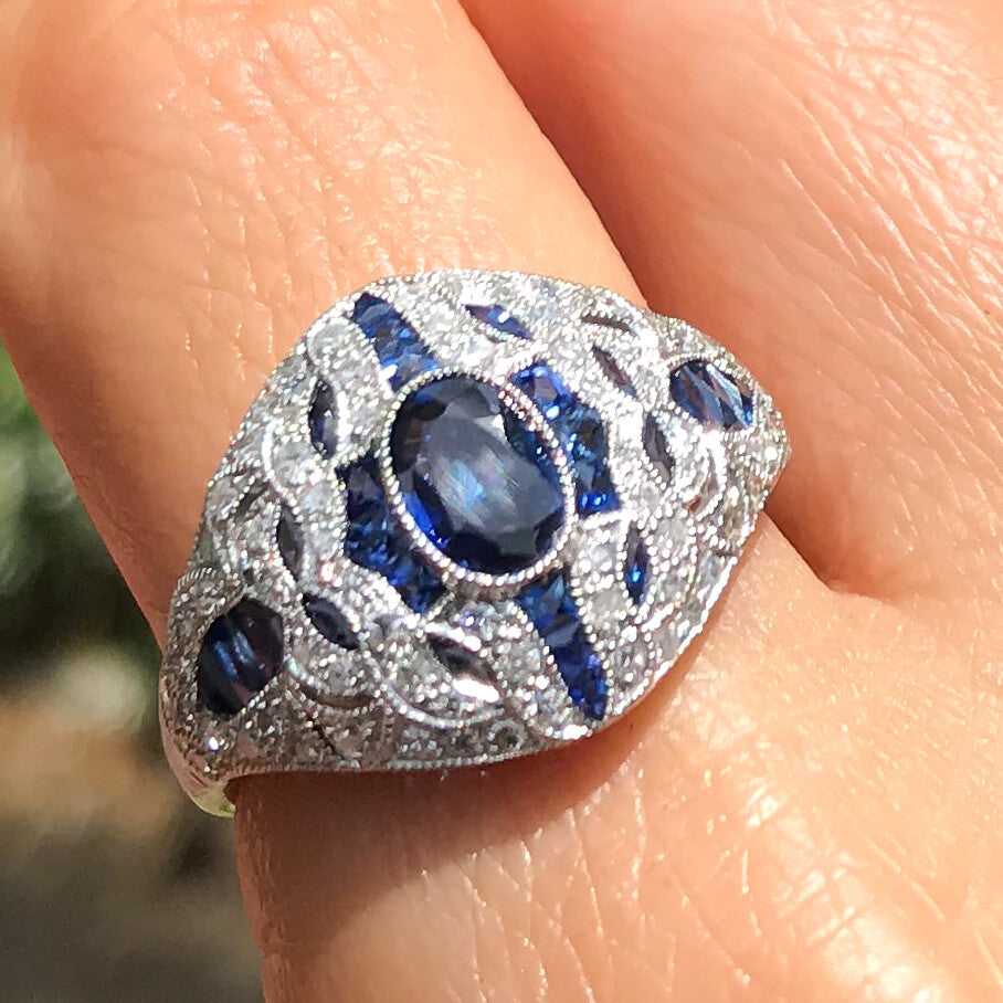 Art Deco Blue Sapphire Diamond Platinum Ring Handmade Antique Inspired 2.53 TCW