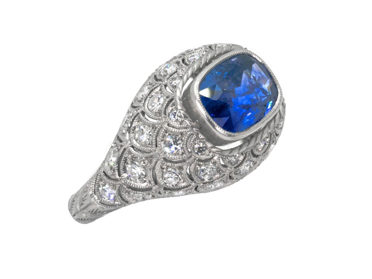 Art Deco Cushion Sapphire Diamond Platinum Ring Natural 5.30 CTW GIA Certified