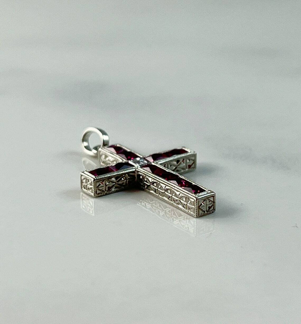Ruby Diamond Cross Pendant Necklace Platinum Art Deco Natural 1.00 CTW Handmade