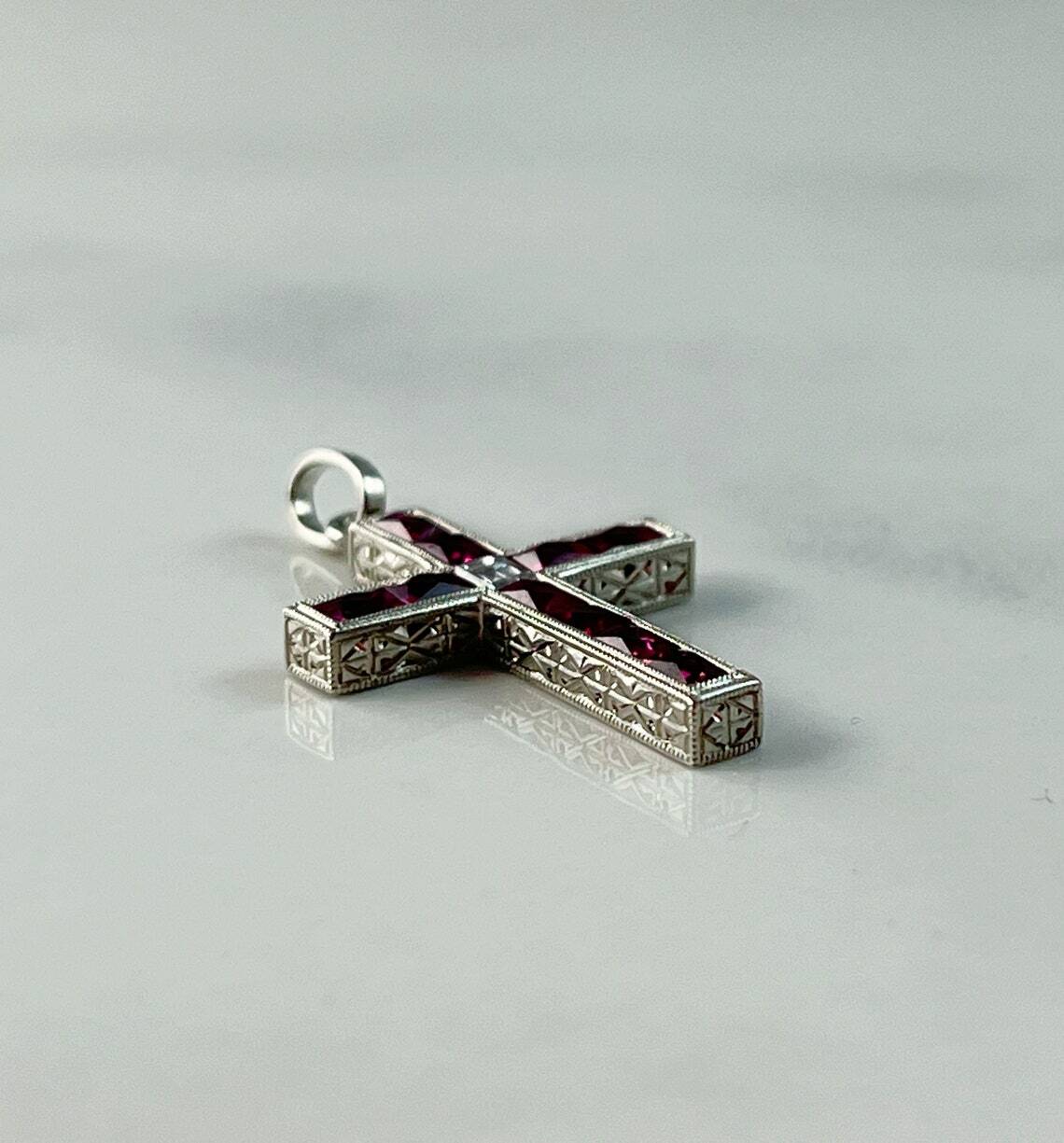 Ruby Diamond Cross Pendant Necklace Platinum Art Deco Natural 1.00 CTW Handmade
