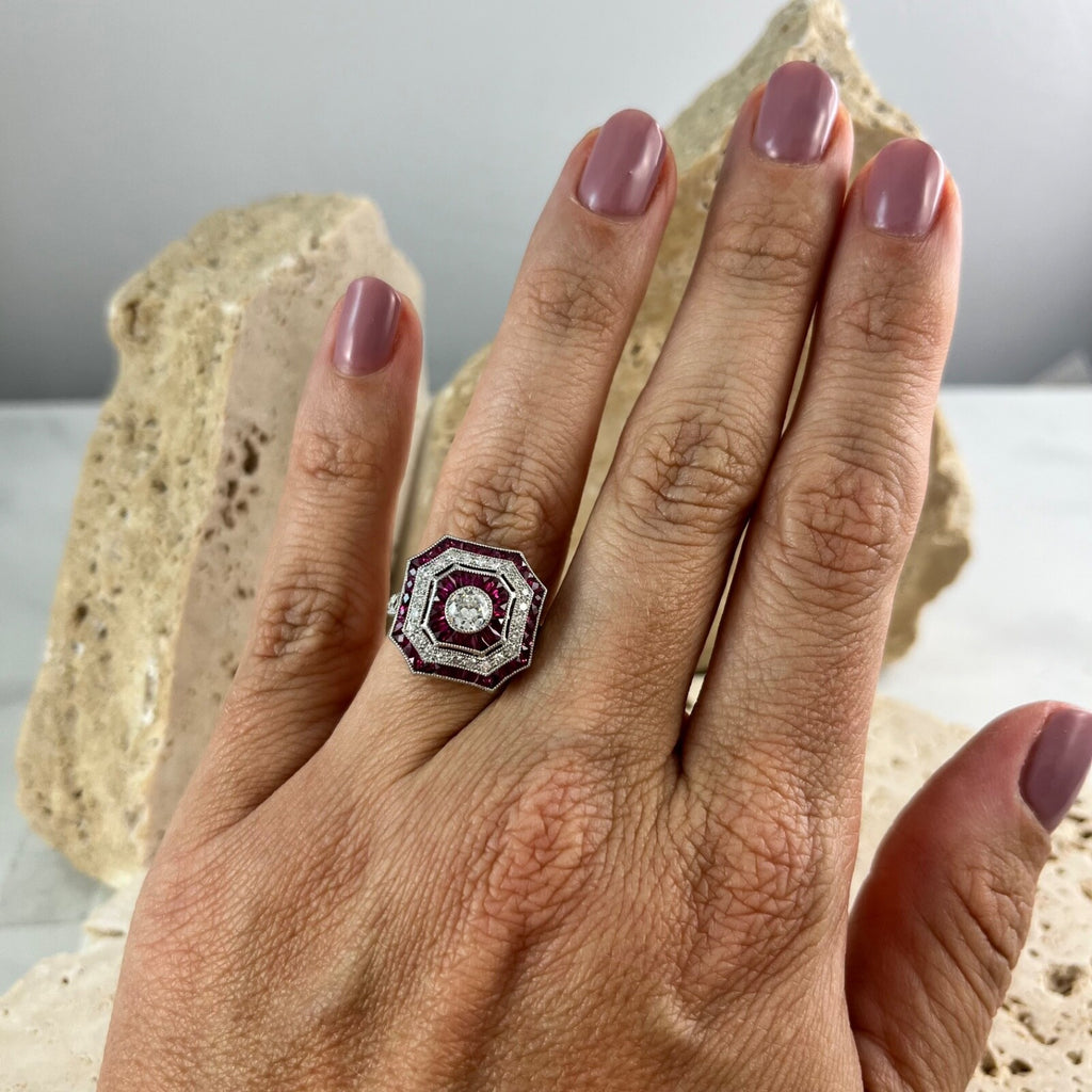 Diamond Ruby Platinum Engagement Ring Art Deco Natural 2.18 TCW Antique Inspired
