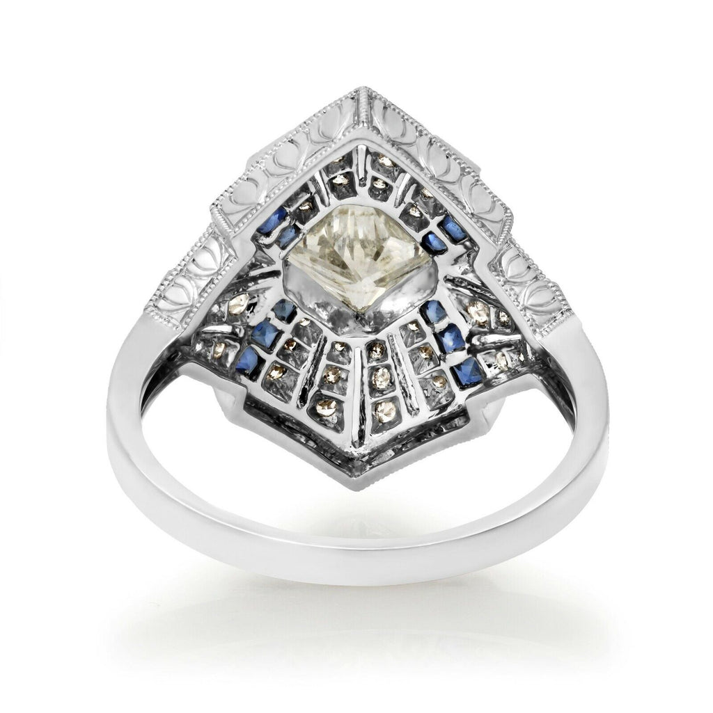 Princess Cut Diamond Sapphire Platinum Ring Engagement Art Deco Handmade Natural