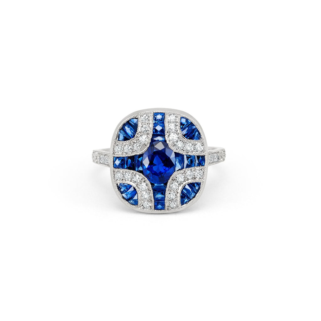 Blue Sapphire Diamond Platinum Ring Art Deco 2.33 TCW Natural Oval Cut Handmade