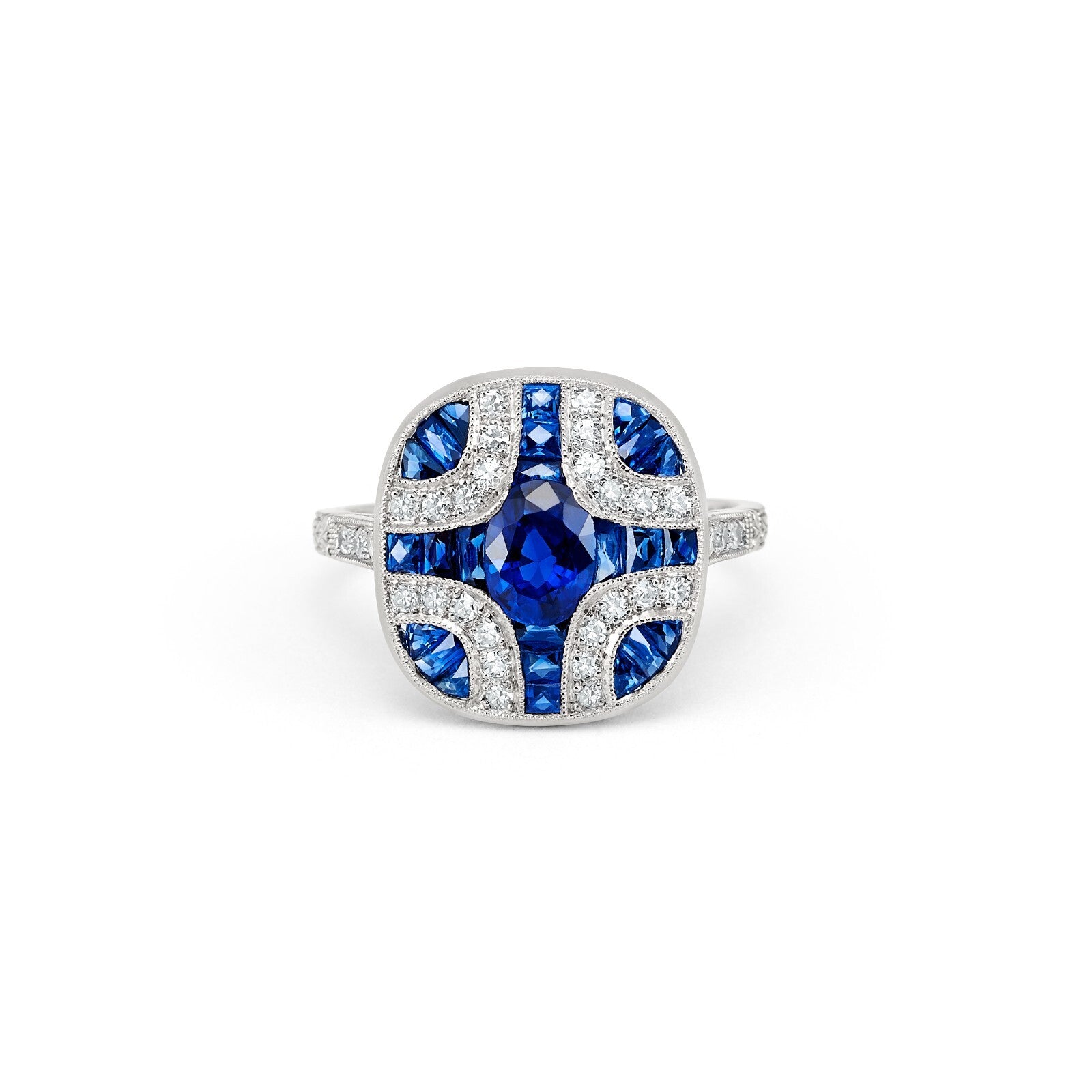 Blue Sapphire Diamond Platinum Ring Art Deco 2.33 TCW Natural Oval Cut Handmade