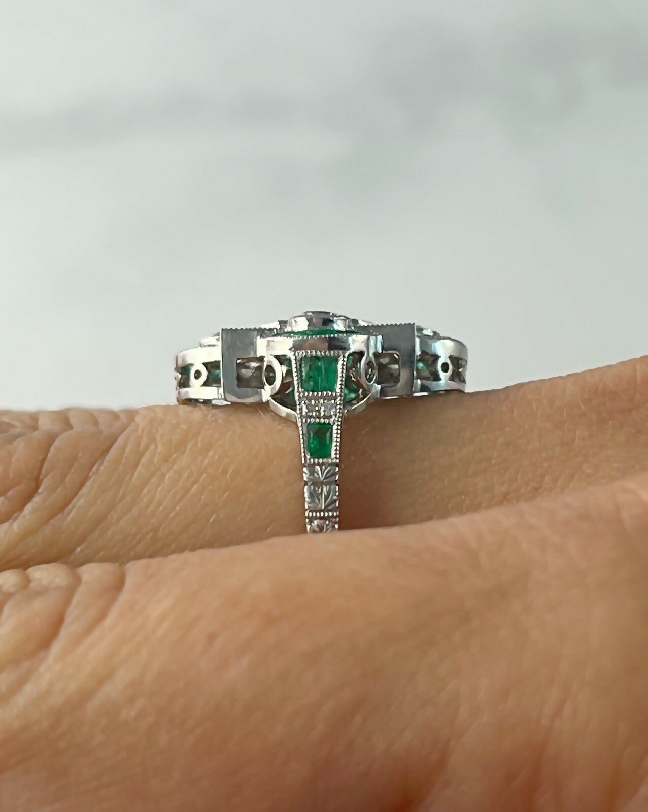 Art Deco Diamond Emerald Platinum Ring Natural 2.08 CTW