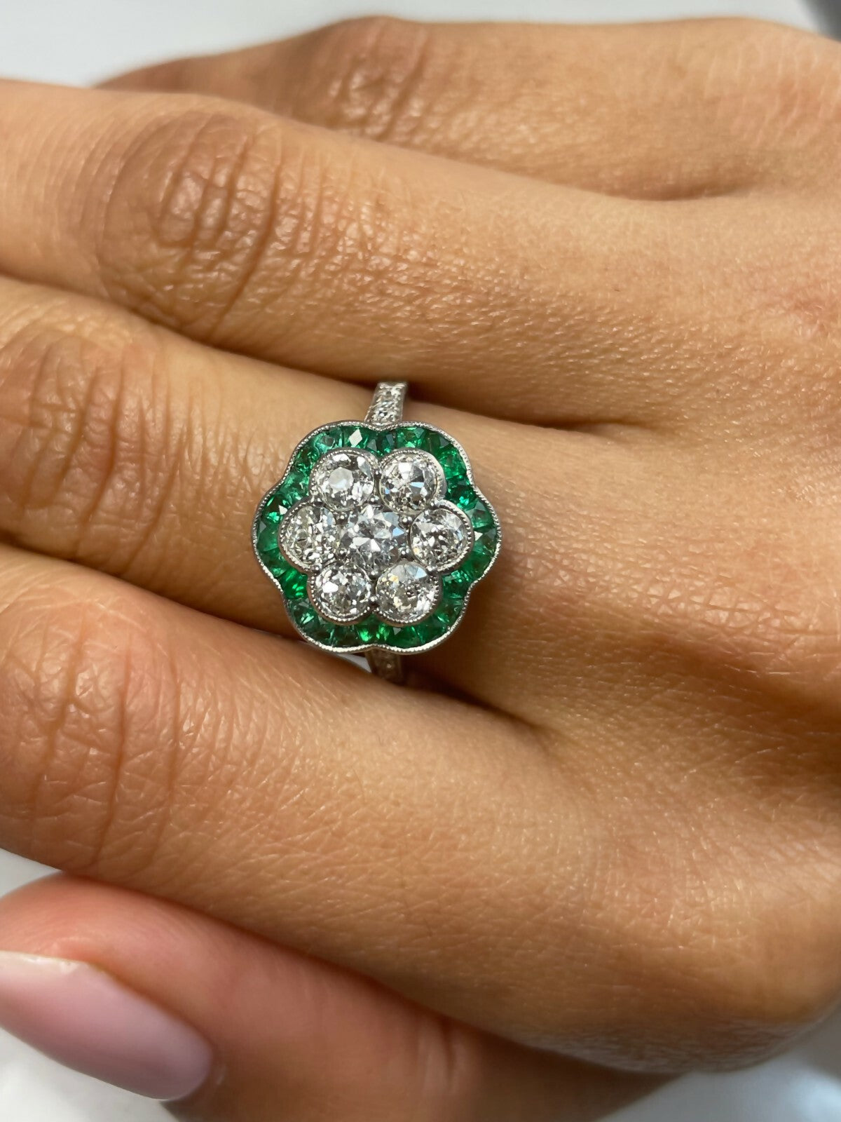 Diamond Emerald Platinum Flower Ring Art Deco Cocktail Handmade Natural 1.60 CTW