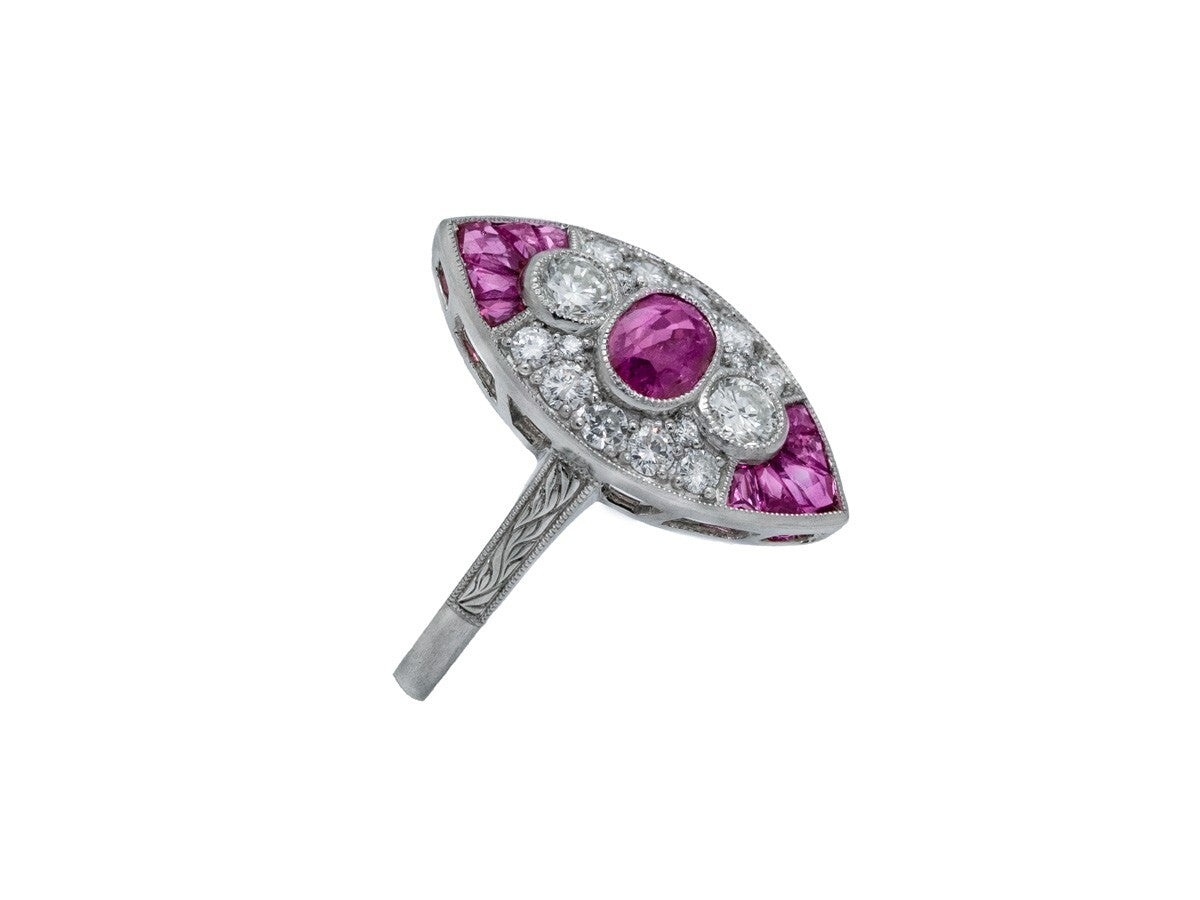 Oval Ruby Diamond Platinum Ring Art Deco Antique Style Natural 1.89 CTW