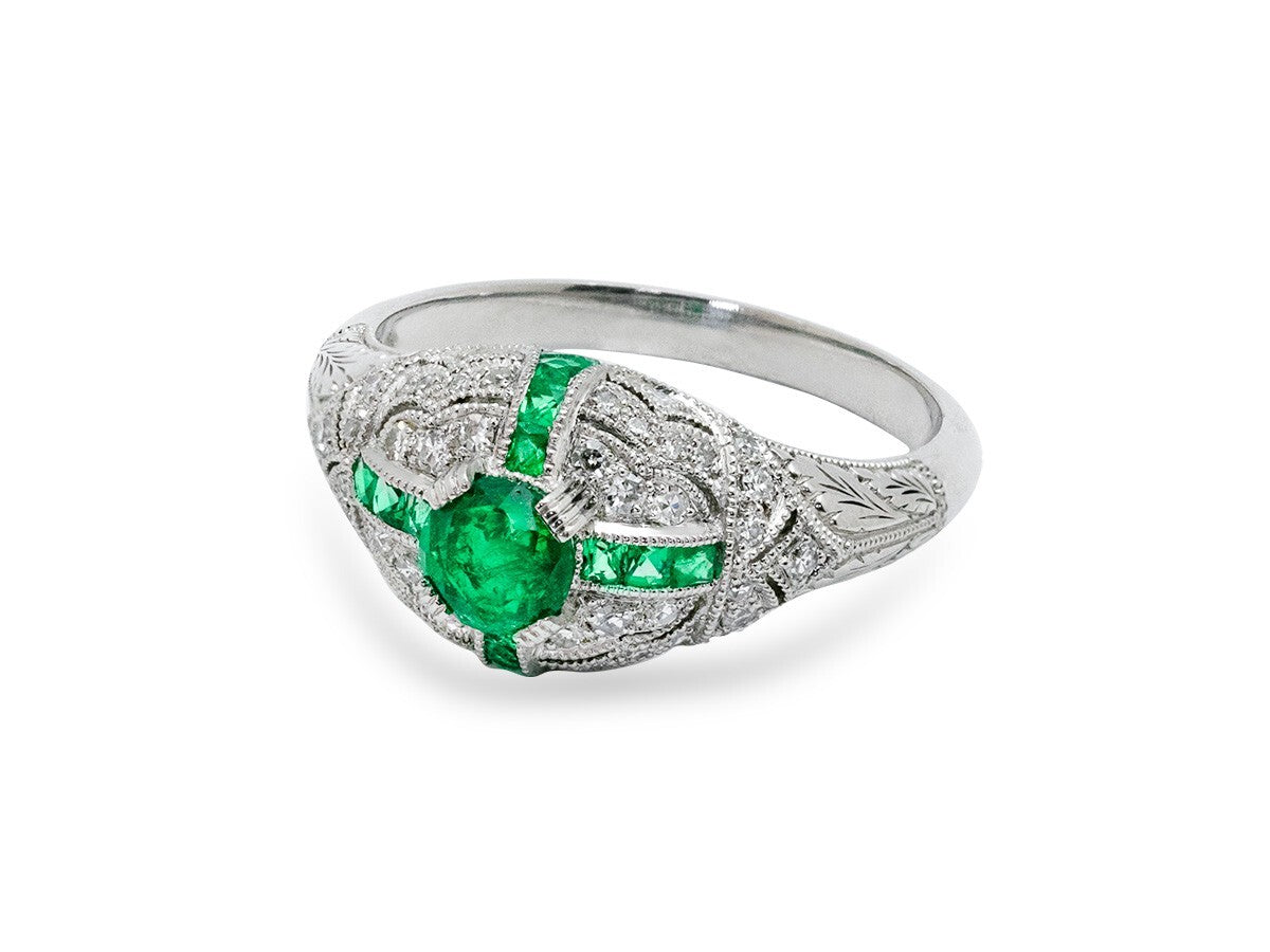 Diamond Emerald Platinum Ring Art Deco Natural Handmade Antique Style 0.92CTW