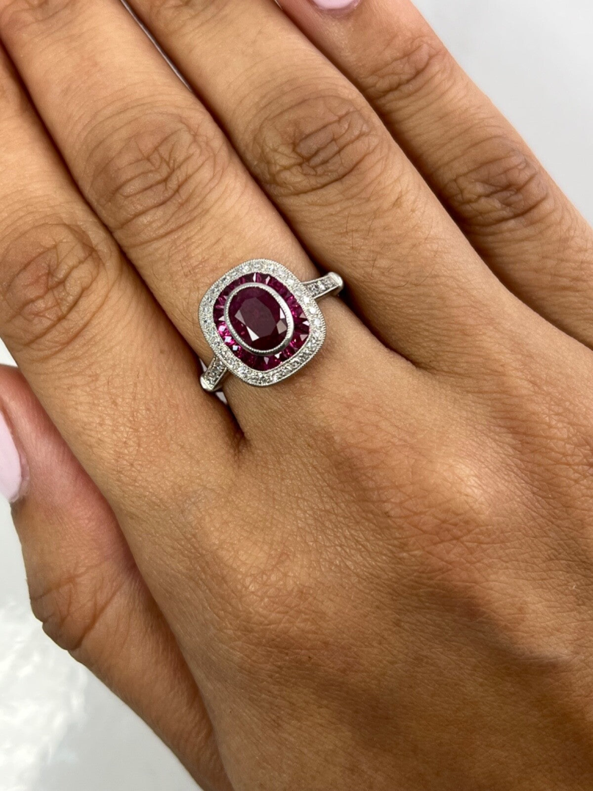 Art Deco Oval Ruby Diamond Platinum Engagement Ring Natural 1.87 CTW Certified