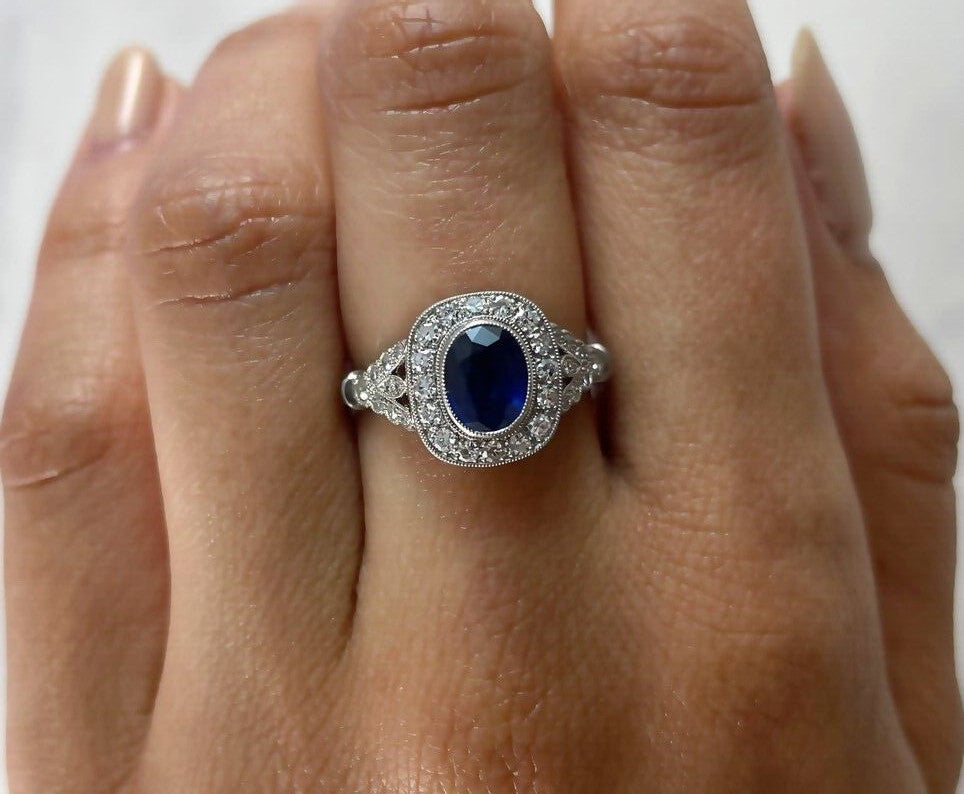 Blue Sapphire Diamond Platinum Engagement Ring Oval Antique Art Deco 1.97 CTW
