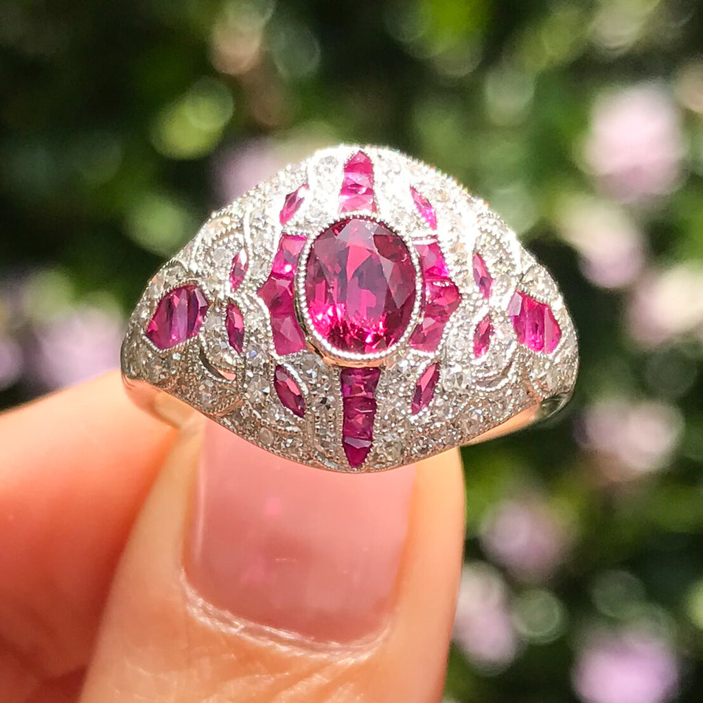 Ruby Diamond Ring Platinum Cocktail Art Deco Vintage Antique Style Handmade
