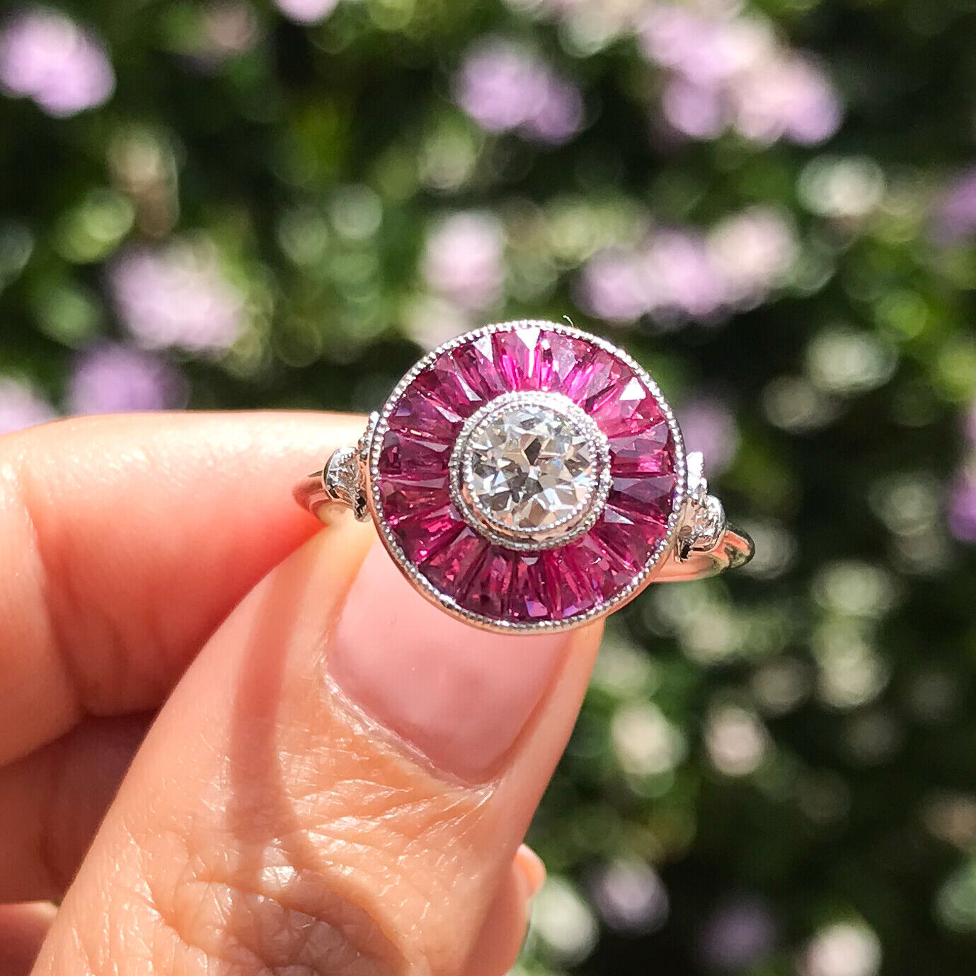 Diamond Ruby Platinum Engagement Ring Art Deco Natural Handmade French Cut