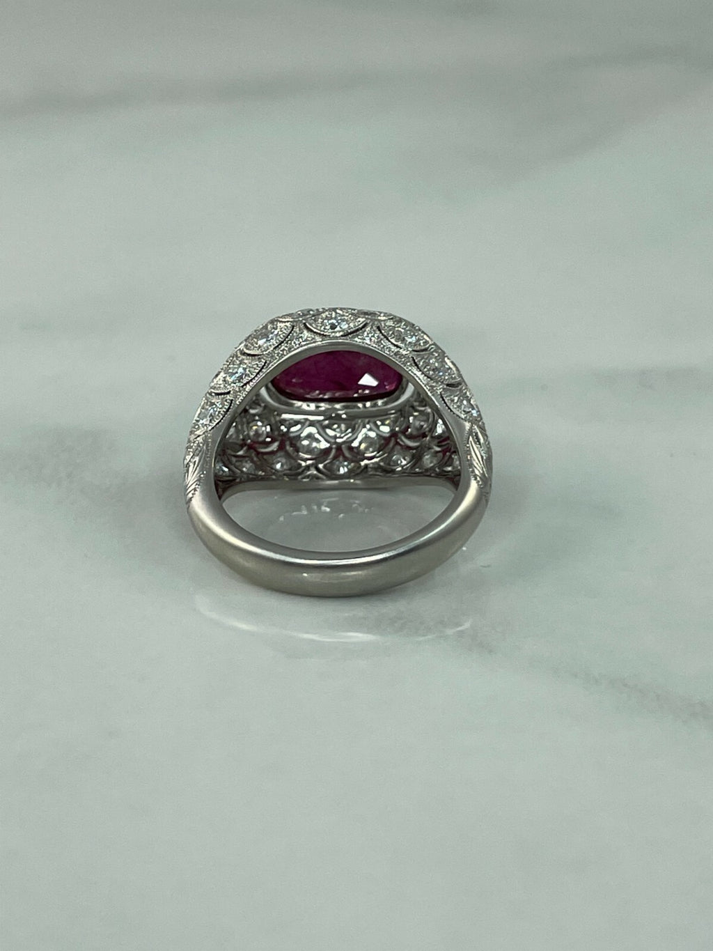 Art Deco Cushion Ruby Diamond Platinum Ring Handmade GIA Antique Finish 5.49 TCW
