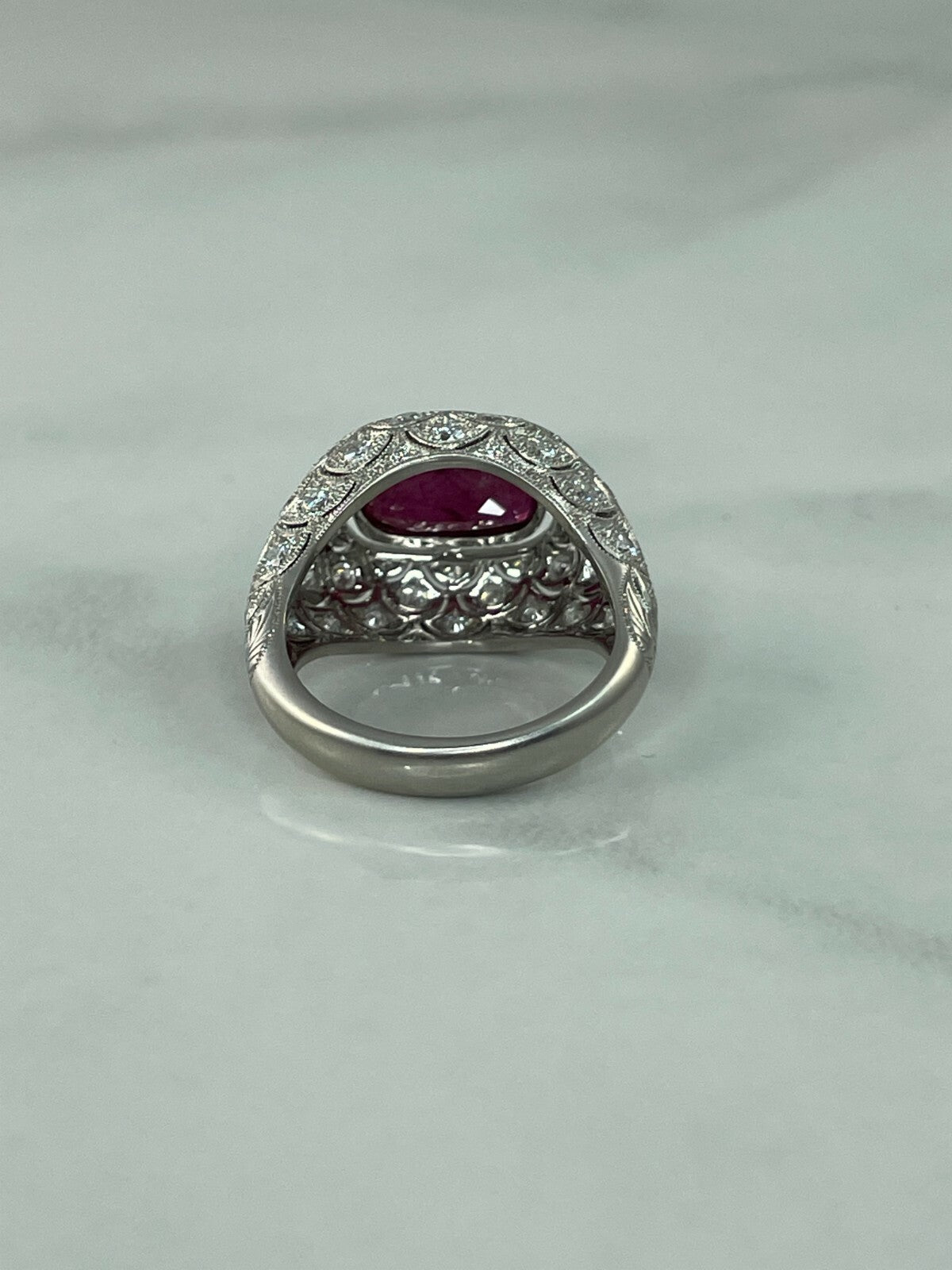 Art Deco Cushion Ruby Diamond Platinum Ring Handmade GIA Antique Finish 5.49 TCW
