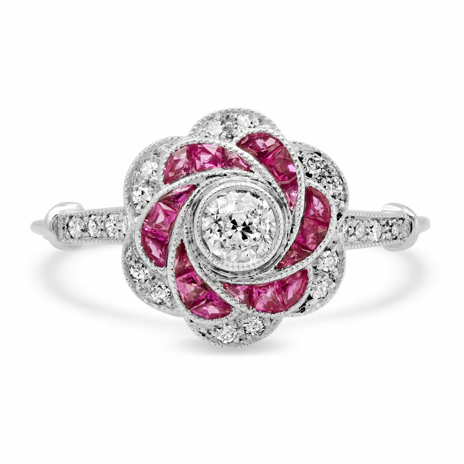 Ruby Diamond Platinum Flower Ring Natural Art Deco 1.10 CTW Handmade Cocktail