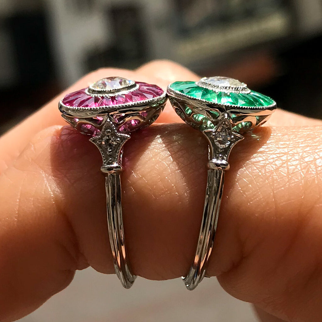 Diamond And Emerald Platinum Engagement Ring Art Deco Natural Handmade 2.20 CTW