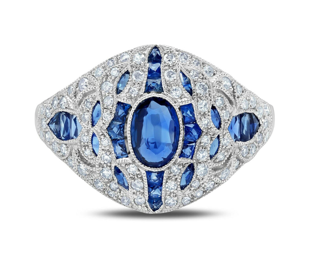 Art Deco Blue Sapphire Diamond Platinum Ring Handmade Antique Inspired 2.53 TCW