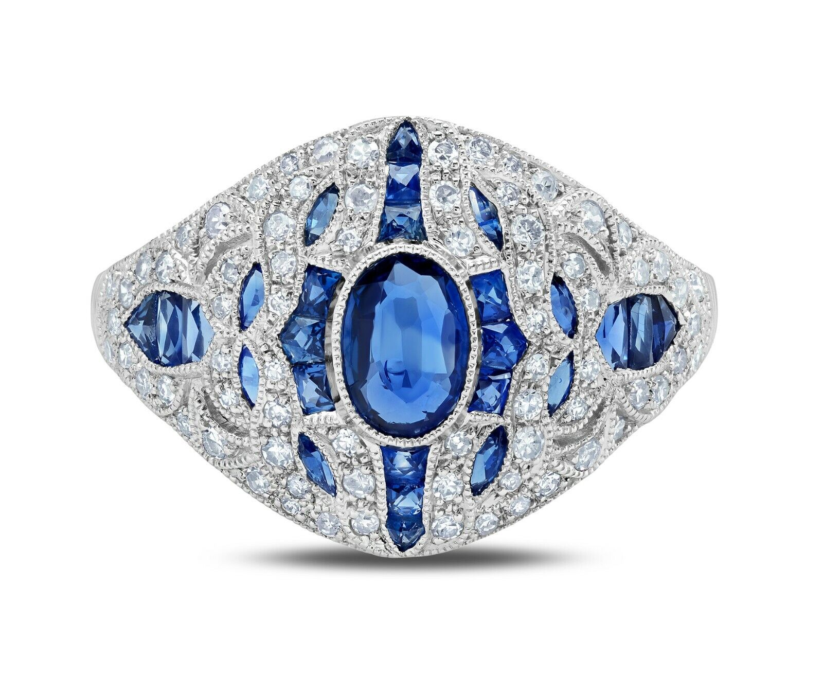 Art Deco Blue Sapphire Diamond Platinum Ring Handmade Antique Inspired 2.53 TCW