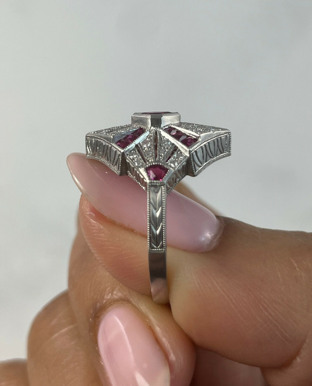 Princess Ruby Diamond Platinum Ring Art Deco Cocktail Vintage Antique Handmade