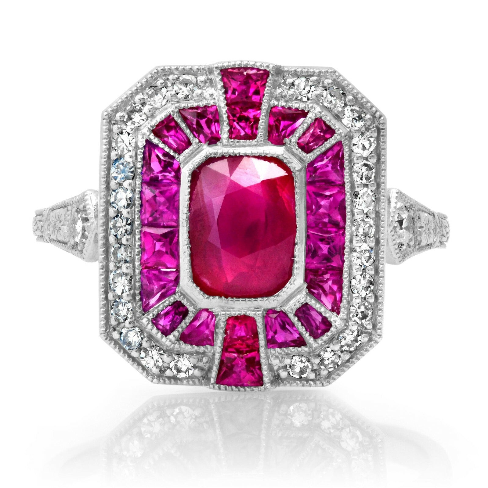 Cushion Ruby Diamond Platinum Ring Art Deco Natural 2.57 TCW